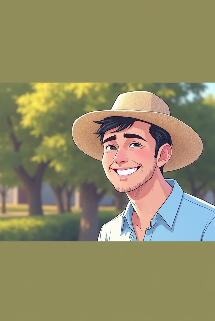 Cartoon character of a man blue shirt, 45 years old adult, an animated character, stylized character, animation style rendering, 3d stylized, A smiling man with short, dark hair wearing a light blue button-down shirt and a wide-brimmed straw hat. He is turned slightly to the left against a softly blurred background of green foliage, suggesting a warm, sunny day. The focus is on his cheerful expression and the textured design of the hat.