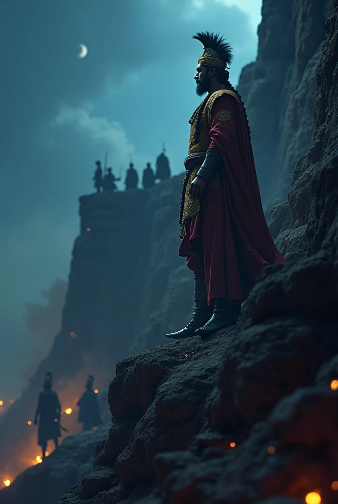 Cinematic 3D image "Shivaji Maharaj, alongside his Mavalas, skillfully uses guerrilla tactics to ambush enemy forces. The Mavalas, swift and stealthy, climb the fort walls under the cover of darkness, taking control of the strategic forts. The scene captures the intensity of battle and the strategic genius of Shivaji."