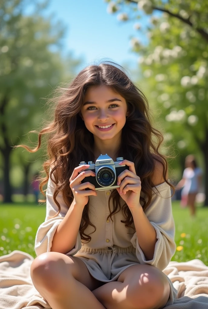 A brunette girl with curly hair and big breasts sits with her legs stretched out, taking a realistic photo