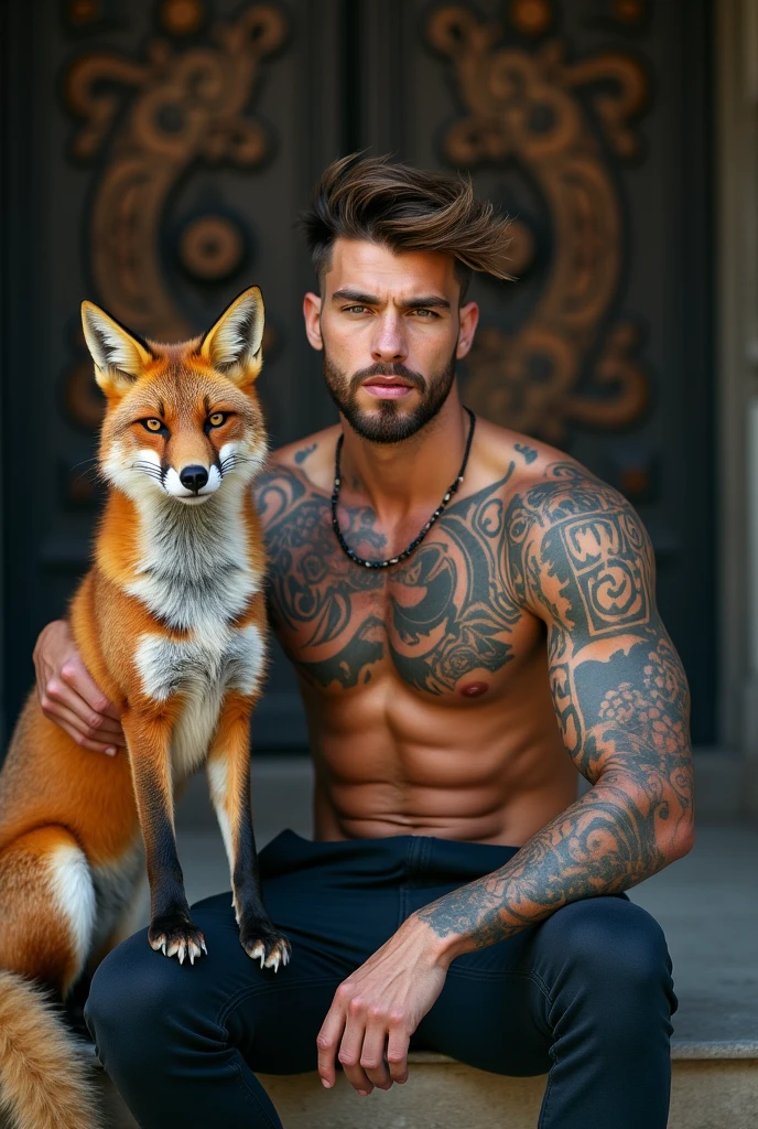 A photorealistic portrait of a insanely handsome man, no shirts, very strong, messy hair, chiseled and extremely tattooed sitting on a step next to a big fierce fox 9 tail, a large door as the background, a colorized photo by Jesse Richards, instagram contest winner, maximalism, very macho look, hunk, extremely handsome, attractive man, exotic, photograph, detailed symmetric realistic face, extremely detailed natural texture, peach fuzz, messy hair, masterpiece, absurdres, nikon d850 film stock photograph, kodak portra 400 camera f1.6 lens, extremely detailed, amazing, fine detail, hyper realistic lifelike texture, dramatic lighting, unrealengine, trending on artstation, cinestill 800 tungsten, looking at the viewer, photo realistic, RAW photo, TanvirTamim, high quality, highres, sharp focus, extremely detailed, cinematic lighting, 8k uhd,-imagine-