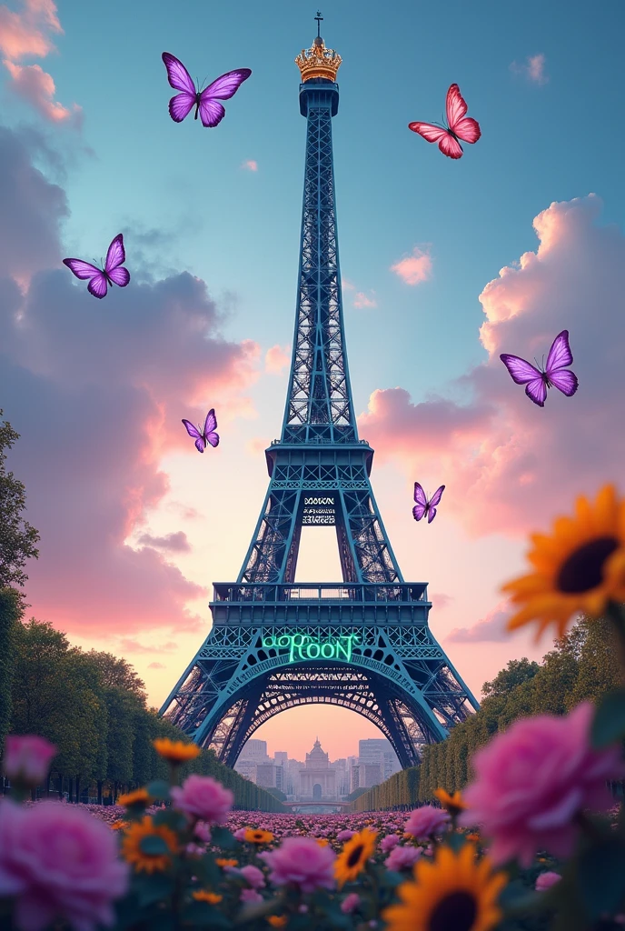 You can create a photo of the Eiffel Tower with the name Moon with aqua green color containing a crown, have purple butterflies and a reference with sunflowers and roses