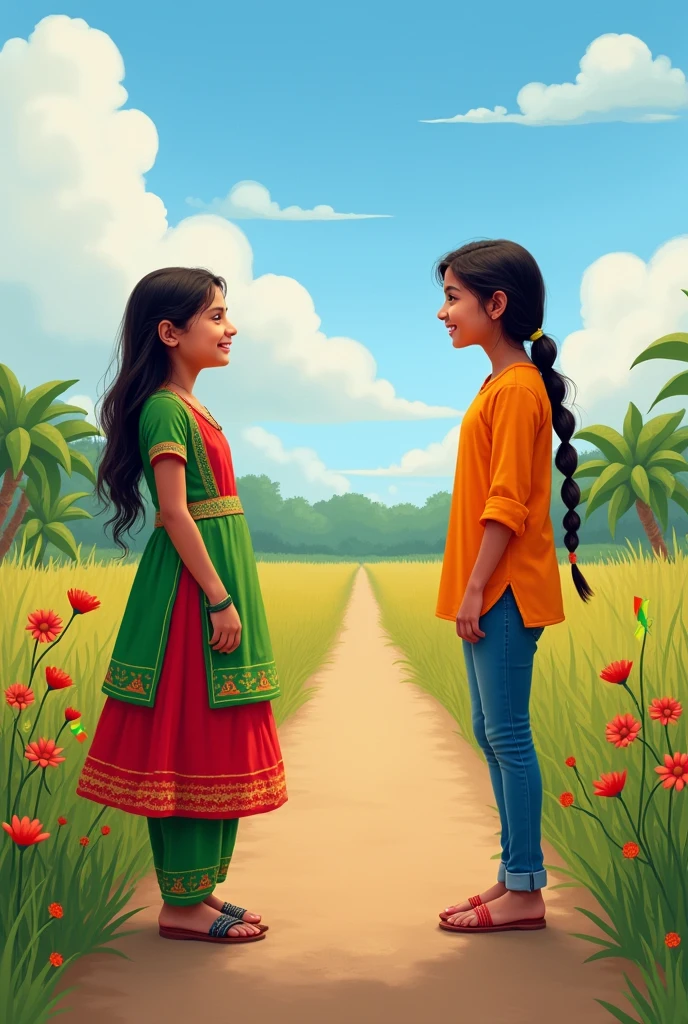 At the India and Bangladesh border, a girl from the Bangladesh side and a girl from the Indian side of the border are talking.