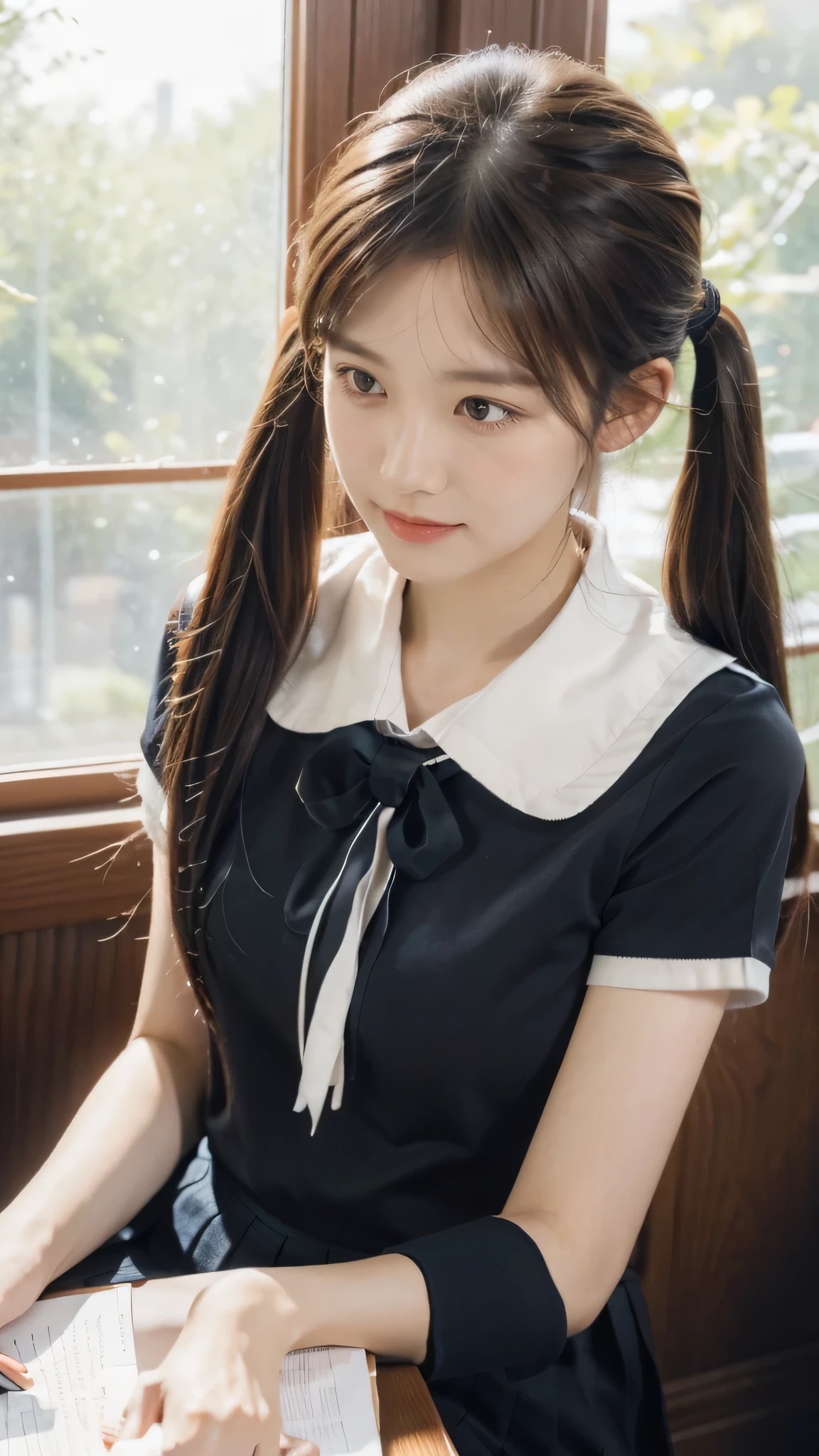 (extremely detailed CG unity 8k wallpaper,masterpiece, best quality, ultra-detailed),school classroom setting,sunlight filtering through trees,beautiful blonde high school girl with twintails and ahoge(D-cup),smartphone in hand,fidgeting with it,beautiful black-haired high school girl,thin and flat-chested, wearing sailor uniform,sitting on chair and having conversation with blonde girl who is sitting on desk,in the evening.