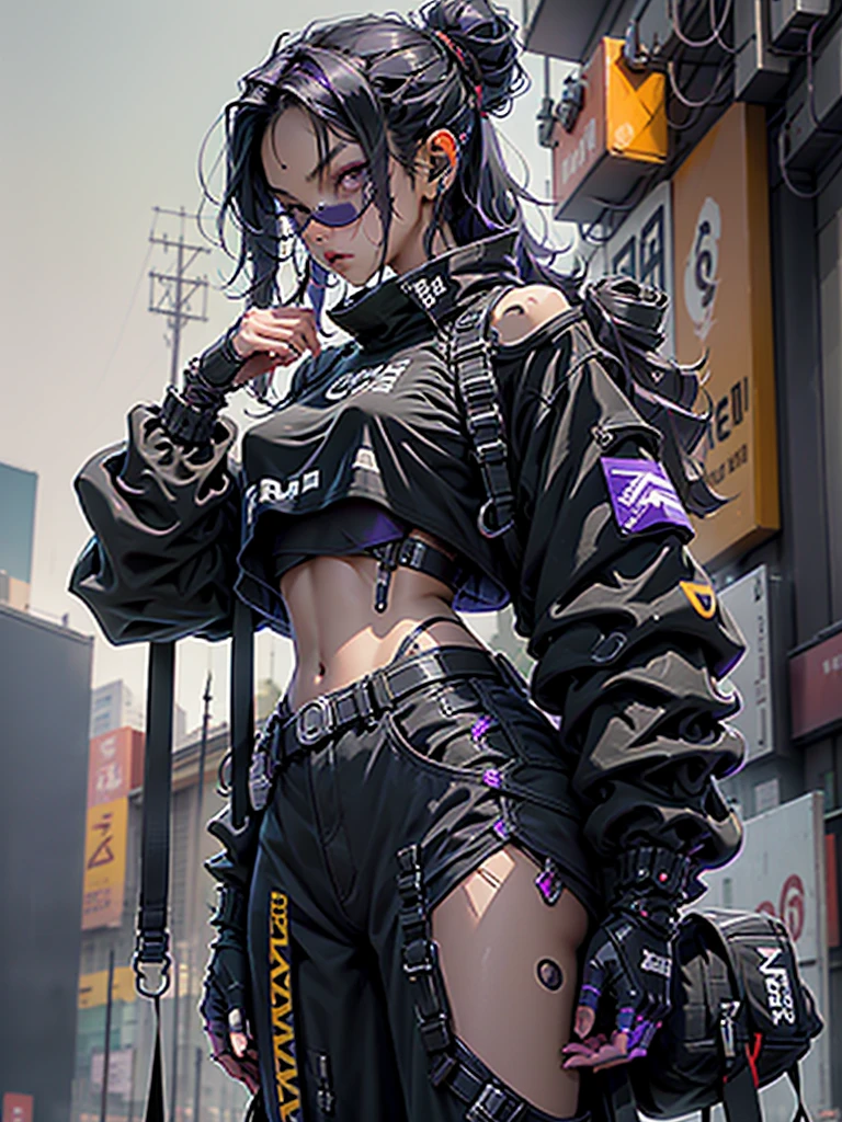 1woman, long stright black hair, purple eyes, wearing black urban techwear, crop top, 8K, Hi-Res, UltraSharp