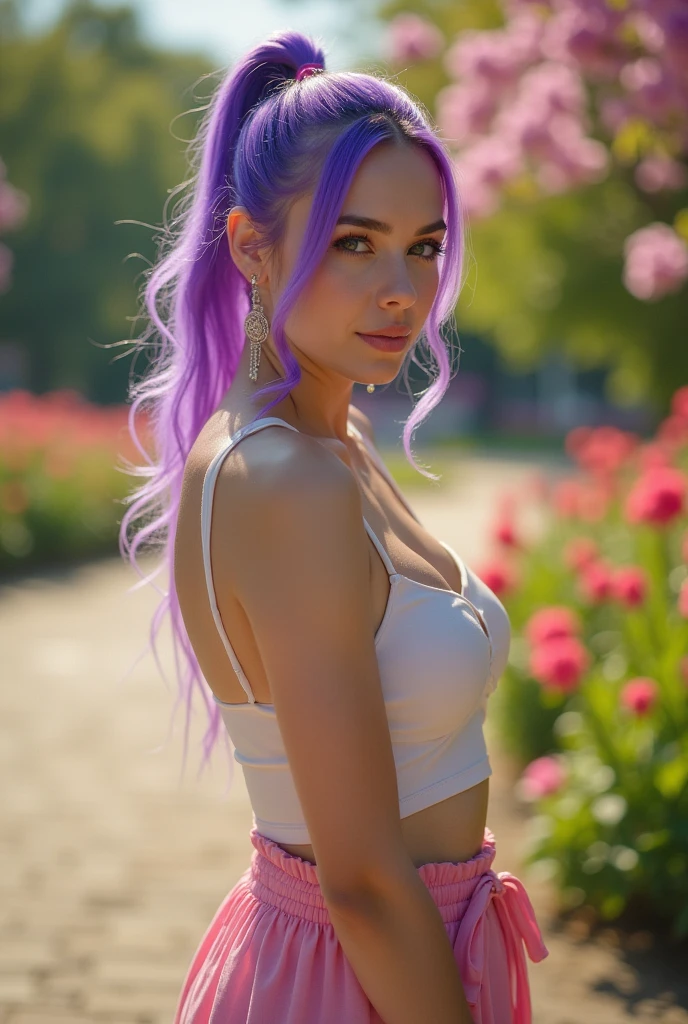 beautiful woman with large, perky breasts that seem to strain against the thin layer of fabric covering them. Your hair is a vibrant shade of purple, styled into a pigtail that swings behind you when you move.