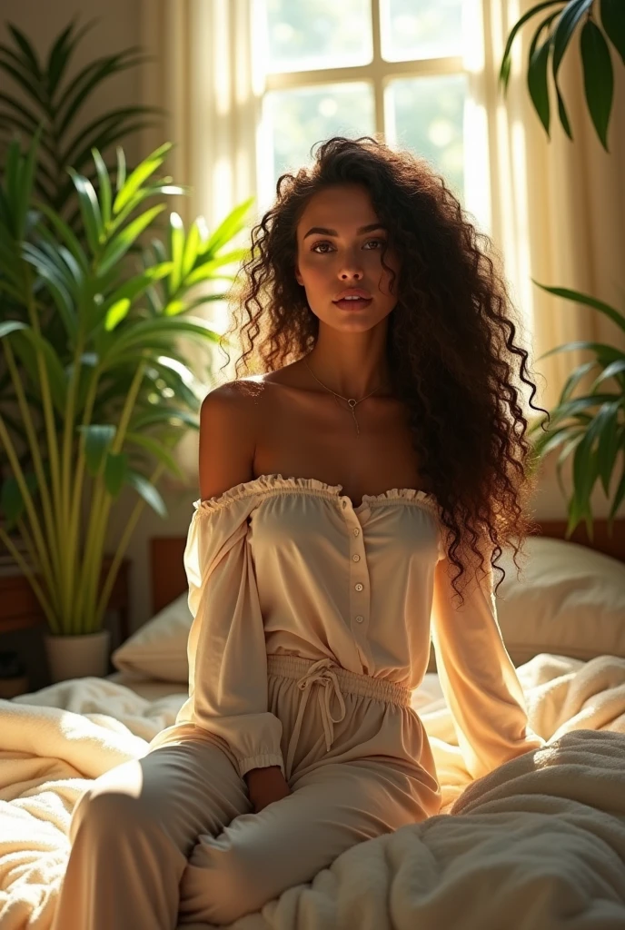 (photorealism:1.2), beautiful woman, sitting on bed, wearing loose off-shoulder top, boobs visible, pajama pants, long curly hair, indoors, soft lighting, plants in background, window with sunlight, cozy room, relaxed pose, realistic, intricate details, warm colors, by Greg Rutkowski, by Alphonse Mucha