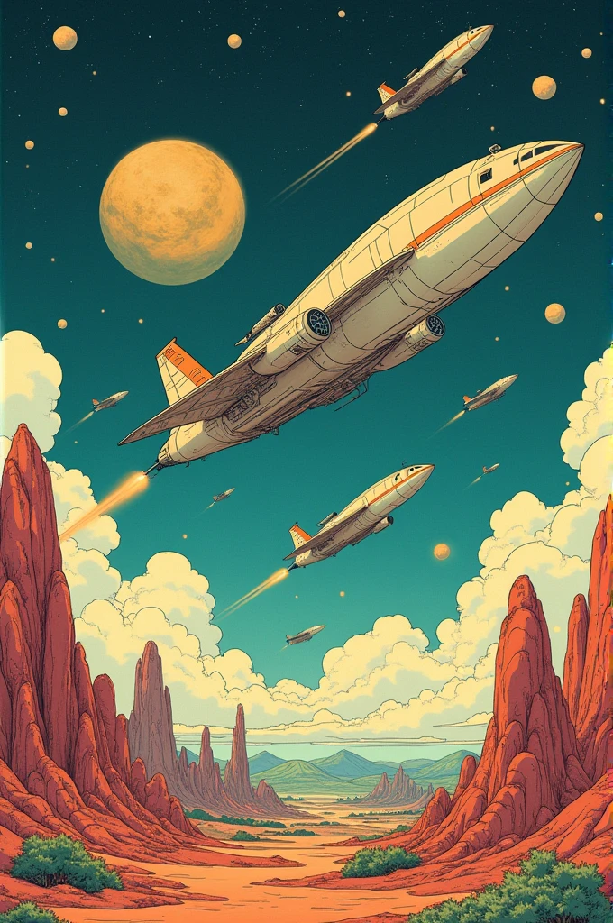 ((best quality)), ((masterpiece)), (detailed), perfect face, surreal, art nouveau, in the illustrative style of moebius, spaceships, aliens, fantasy, sci-fi, graphic novel, line drawing, french retro, vintage, elegant, chic, sophisticated,
