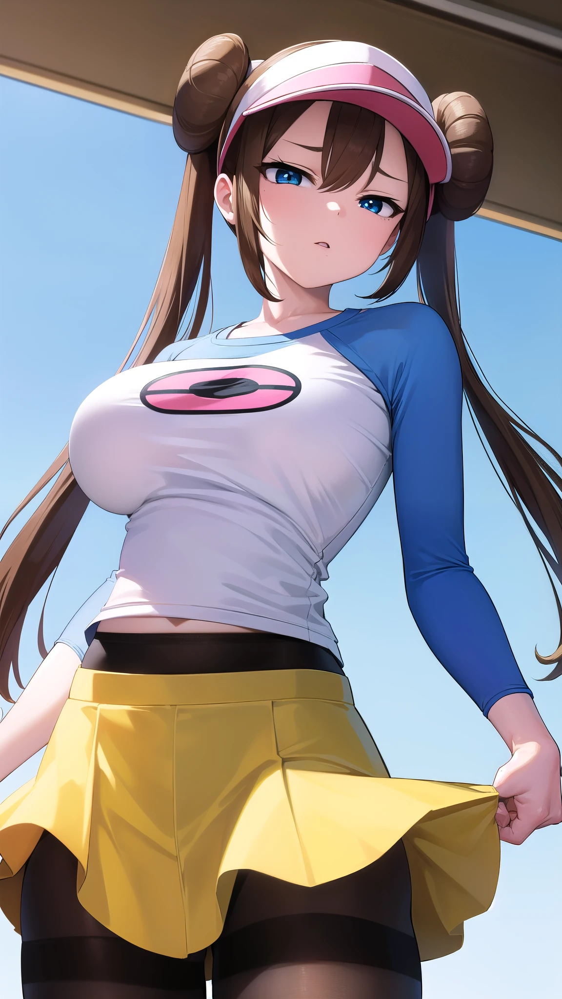 Rosa, Rosa, Brown Hair, Double Bang, doughnut Hair Bun, Hair Bun, blue eyes, Hair between the eyes, Twin tails, Large Breasts, Open your mouth,
break pantyhose, (Pantyhose under shorts), Raglan sleeves, skirt, (yellow skirt), White shirt, Blue Sleeve, Long sleeve, Visor Cap,
break looking at viewer, Upper Body, whole body,
break outdoors,
break (masterpiece:1.2), Highest quality, High resolution, unity 8k wallpaper, (figure:0.8), (Beautiful attention to detail:1.6), Highly detailed face, Perfect lighting, Highly detailed CG, (Perfect hands, Perfect Anatomy),mesugaki,(From below),