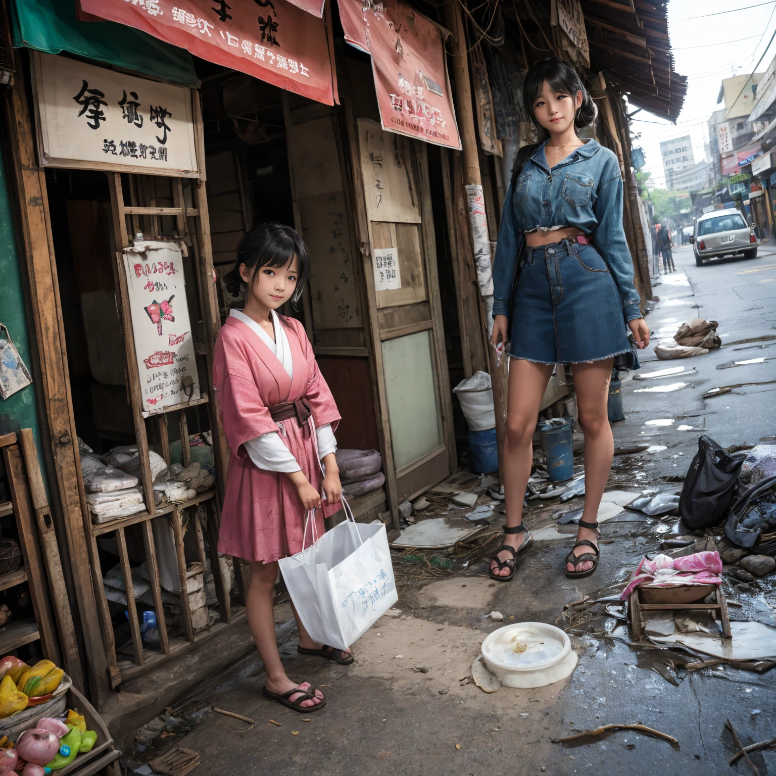 
((masterpiece、Highest quality))、Beautiful girls gather.、Three girls in summer clothes、clothes、(Showa Retro:1.2)、(Detailed and cute face:1.3)、(Poor conditions、Japan's poor neighborhoods、Dim and unsanitary、Standing Bar、みんなで楽しくdiet、Crumbling underground shopping mall)、屋台のdiet店、stage、sewage、Dirty shop、street vendors、Unsanitary and abandoned city、smile、diet、Poor person々