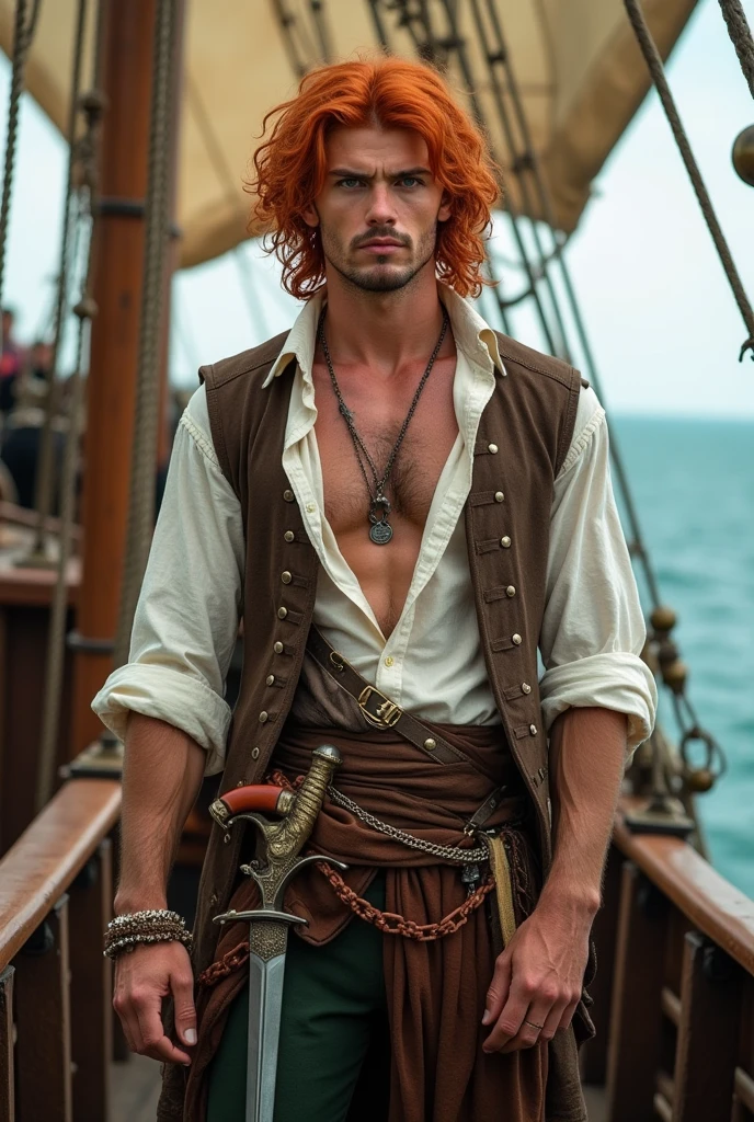 Create the image of an extremely handsome 18th century pirate, with vibrant, wavy red hair that falls freely over her shoulders. He is not wearing a hat, allowing your hair and goatee to be the highlight. He has a confident and seductive look, with striking facial features, like a strong jaw and piercing emerald eyes. Your outfit should reflect the pirate fashion of the time., with a muscular physique, a partially unbuttoned white linen shirt, showing part of his muscular chest and his large physique, a brown leather vest and dark pants. Also include some pirate accessories, like a period pistol belt with a sheathed sword and hoop earrings in one ear. The background may suggest a pirate ship or the deck, with subtle nautical details