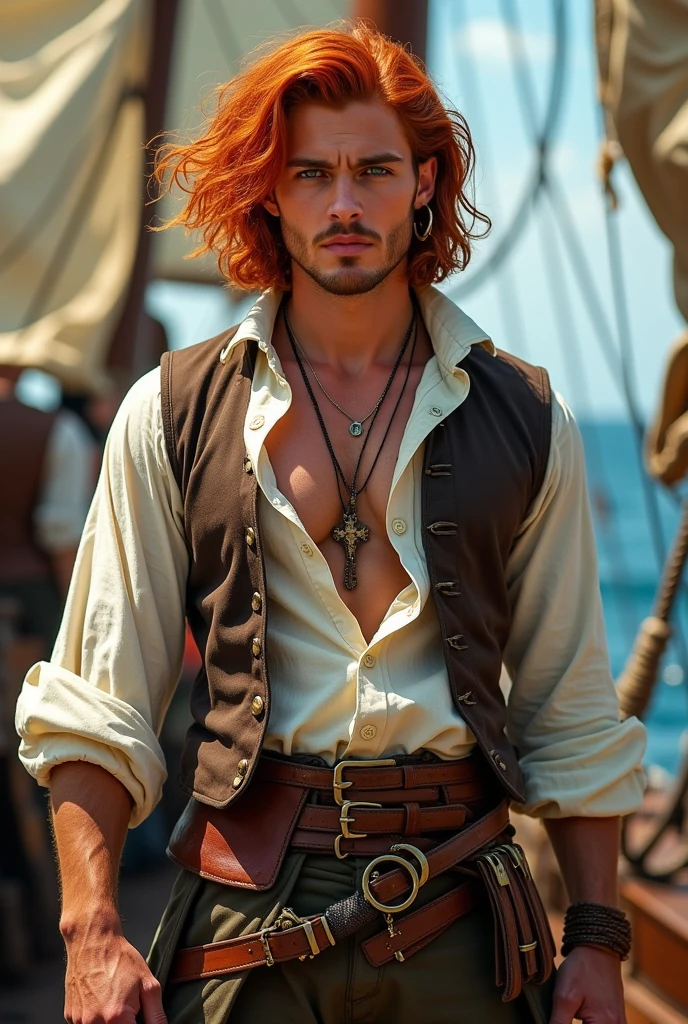 Create the image of an extremely handsome 18th century pirate, with vibrant, wavy red hair that falls freely over her shoulders. He is not wearing a hat, allowing your hair and goatee to be the highlight. He has a confident and seductive look, with striking facial features, like a strong jaw and piercing emerald eyes. Your outfit should reflect the pirate fashion of the time., with a muscular physique, a partially unbuttoned white linen shirt, showing part of his muscular chest and his large physique, a brown leather vest and dark pants. Also include some pirate accessories, like a period pistol belt with a sheathed sword and hoop earrings in one ear. The background may suggest a pirate ship or the deck, with subtle nautical details