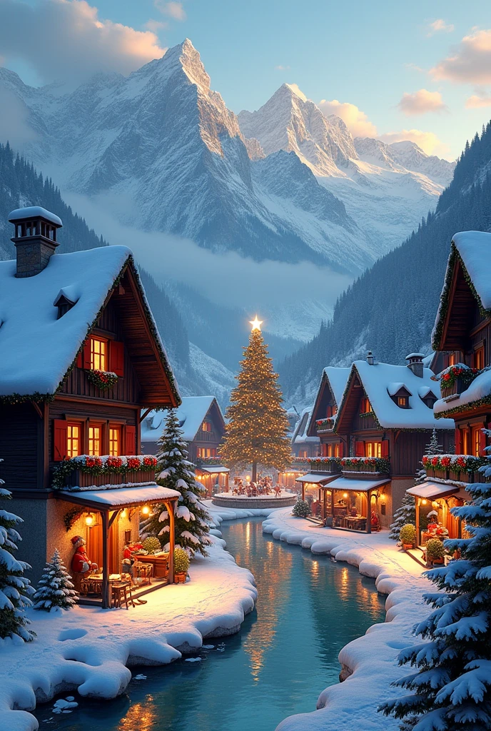 Create an alpine village inspired by the Swiss Alps during the holiday season. The houses are designed in traditional Swiss architecture., with sloping roofs covered in snow, Dark wood walls and decorative details in red and green. The windows are illuminated by warm Christmas lights, and some display wreaths and candles evoking the festive spirit.
The town is surrounded by imposing mountains, whose snow-capped peaks rise majestically under a clear winter sky. The surrounding trees are covered in snow, and some Christmas lights shine between the branches. At the town's center, There is a square decorated with a large Christmas tree decorated with golden lights and shining stars..
The paths that run through the village are covered in snow, but well defined, with traces showing the transit of the villagers. Some people, wrapped up in scarves and woollen hats, They walk happily or stop at small wooden stalls selling Christmas sweets., Hot chocolate and handmade gifts.
In the background, A frozen river reflects the lights of the village and adds a magical touch to the atmosphere. The scene is filled with a welcoming and festive atmosphere., where you can breathe the spirit of Christmas in an idyllic and serene Swiss winter landscape.