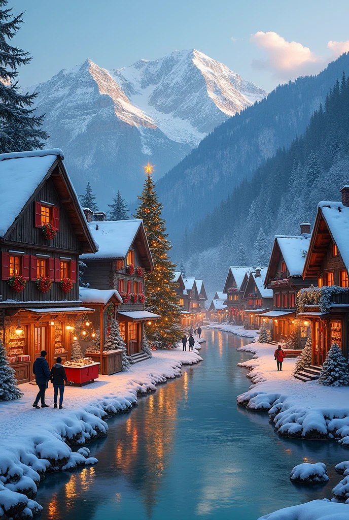 Create an alpine village inspired by the Swiss Alps during the holiday season. The houses are designed in traditional Swiss architecture., with sloping roofs covered in snow, Dark wood walls and decorative details in red and green. The windows are illuminated by warm Christmas lights, and some display wreaths and candles evoking the festive spirit.
The town is surrounded by imposing mountains, whose snow-capped peaks rise majestically under a clear winter sky. The surrounding trees are covered in snow, and some Christmas lights shine between the branches. At the town's center, There is a square decorated with a large Christmas tree decorated with golden lights and shining stars..
The paths that run through the village are covered in snow, but well defined, with traces showing the transit of the villagers. Some people, wrapped up in scarves and woollen hats, They walk happily or stop at small wooden stalls selling Christmas sweets., Hot chocolate and handmade gifts.
In the background, A frozen river reflects the lights of the village and adds a magical touch to the atmosphere. The scene is filled with a welcoming and festive atmosphere., where you can breathe the spirit of Christmas in an idyllic and serene Swiss winter landscape.