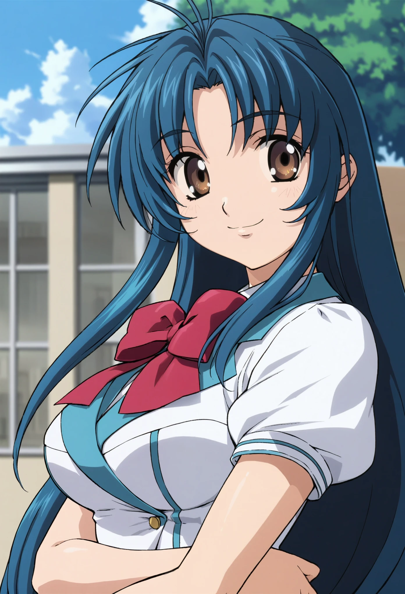 (masterpiece,best quality,4k,8k,absurdres:1.2),expressive eyes, perfect face,1girl,chidori_kaname,solo,(very long dark navy blue hair with middle parted bangs), 2000s anime, summer with white top and red bowtie,dark yellow eyes,large_breasts,smile,school background,energetic and happy,shikidouji,small eyes,dsmile:.45,pastel medium,messy bangs