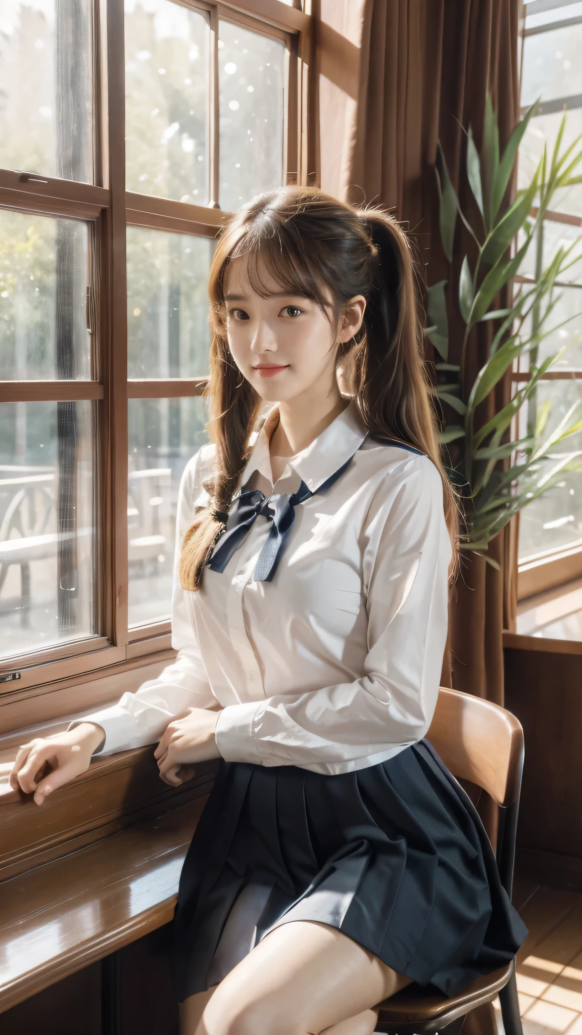 (extremely detailed CG unity 8k wallpaper,masterpiece, best quality, ultra-detailed),school classroom setting,sunlight filtering through trees,beautiful blonde high school girl with twintails and ahoge(D-cup),smartphone in hand,fidgeting with it,beautiful black-haired high school girl,thin and flat-chested, wearing sailor uniform,sitting on chair and having conversation with blonde girl who is sitting on desk,in the evening.