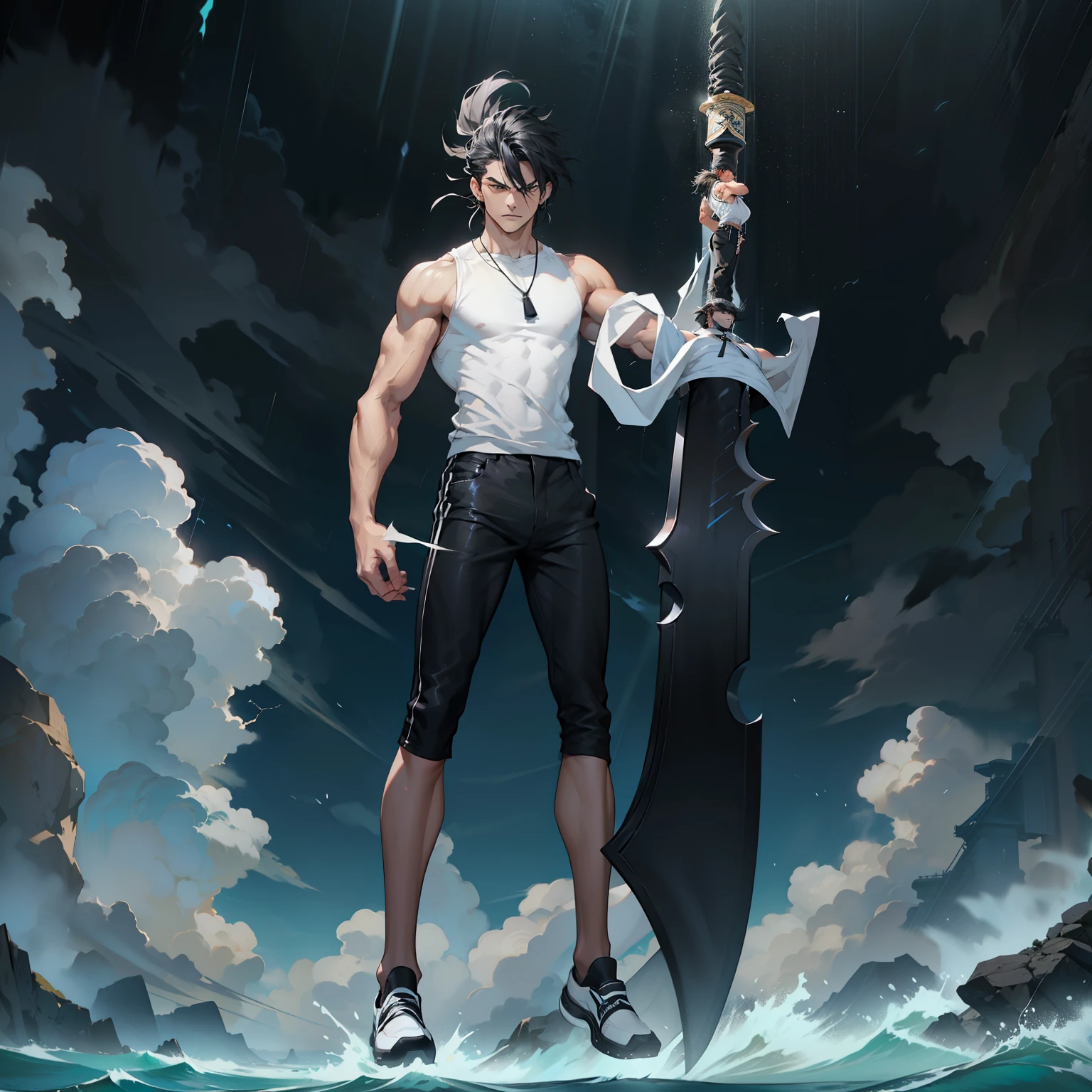 boys 26 Years old, Serious face, muscular, long hair, wearing (white round neck shirts), sleeveless shirts, ((black trousers)), ((black slip-ons shoes)), ((standing pose)), holding giant sword, standing on ocean, stormy weather