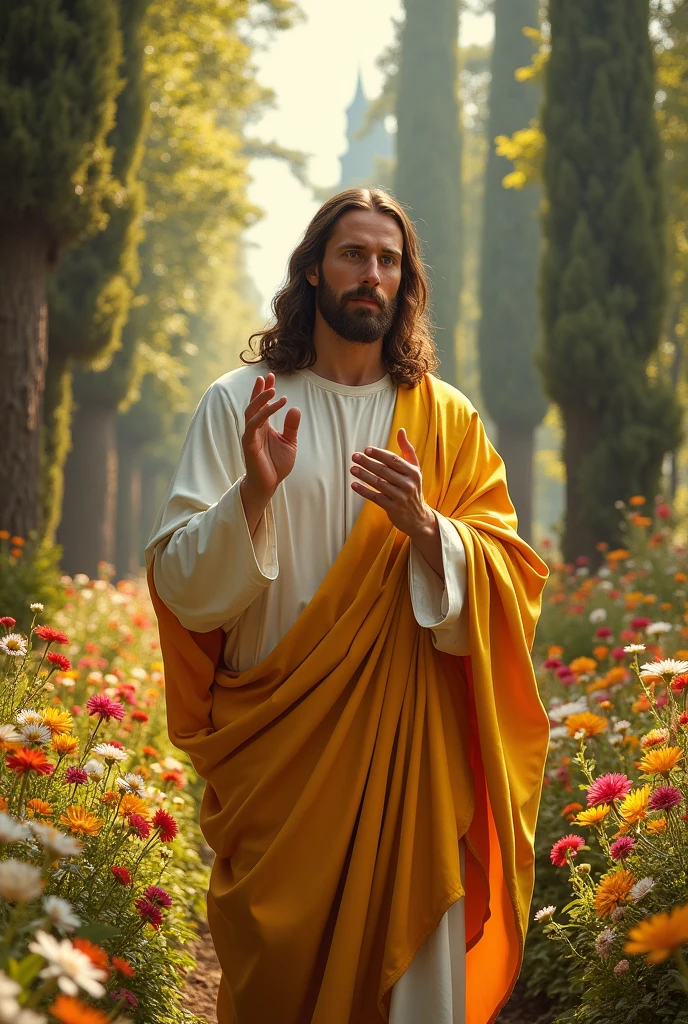 Perfect hand 5 finger, Portrait of a handsome Jesus Christ wearing gold clothes of the king in the flower garden, handsome Jesus Christ, real blue eyes, sunny day, intricate details.real handsome Jesus Christ, straight head face, Straight body.Prayer handsome Jesus Christ, perfect full body, perfect give finger,Prayer handsome Jesus Christ, flowers and beautiful trees in the backgrounds natural photographic