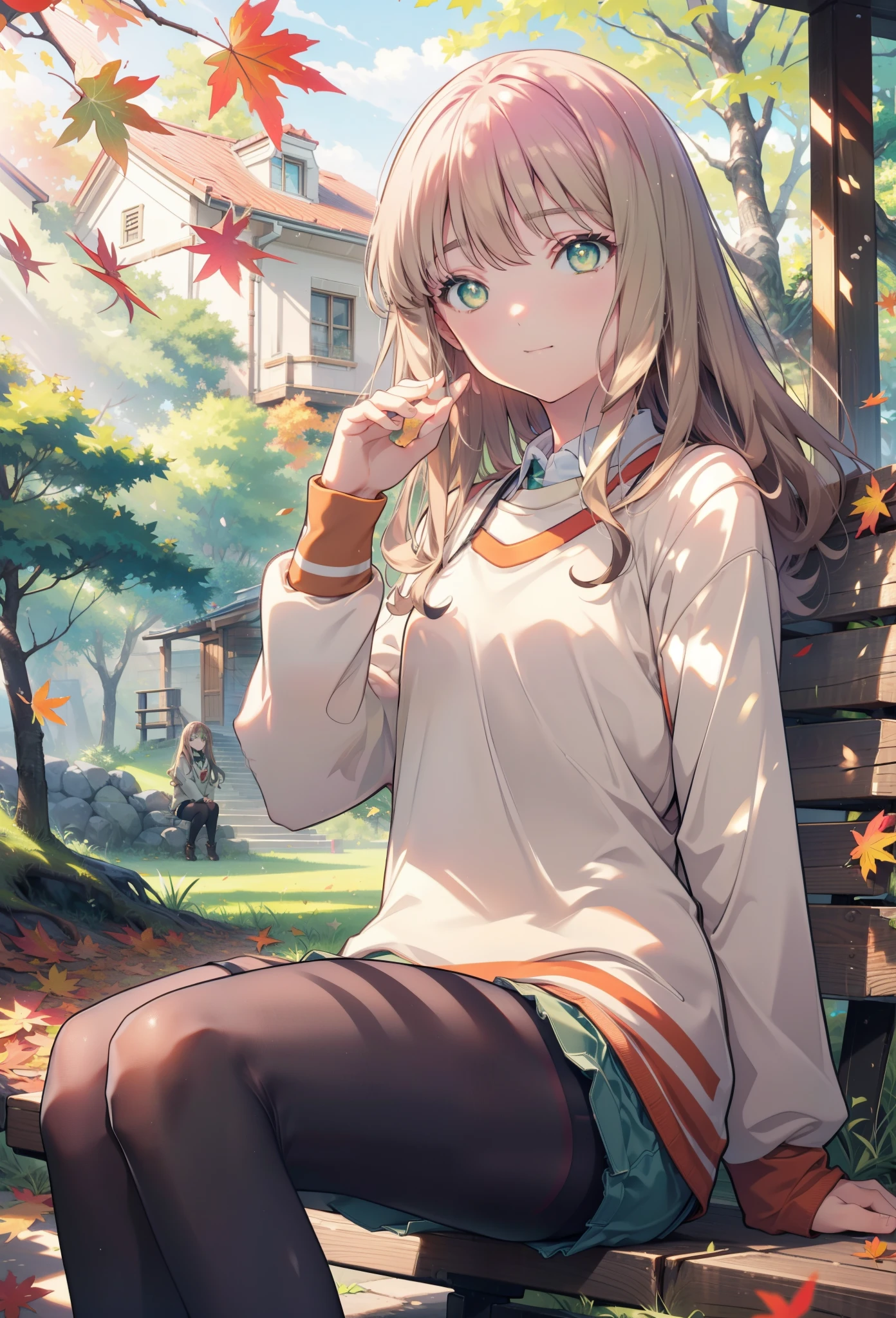 minami yume ,sss Dynazenon ,Long Hair,hair band, Brown Hair, smile,blush,(Green Eyes:1.5) ,Blue v-neck sweater,Long skirt,Black pantyhose,short boots,Walking,whole bodyがイラストに入るように,autumn leaves,autumn leavesが散っている,autumn leavesが積もっている,Sitting on a bench,
break looking at viewer, whole body,
break outdoors, garden,
break (masterpiece:1.2), Highest quality, High resolution, unity 8k wallpaper, (shape:0.8), (Beautiful and beautiful eyes:1.6), Highly detailed face, Perfect lighting, Extremely detailed CG, (Perfect hands, Perfect Anatomy),