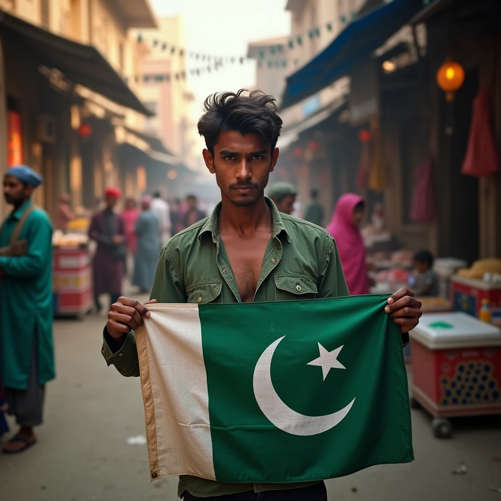 A poor young man with a flag of Pakistan in his hand Draw Image