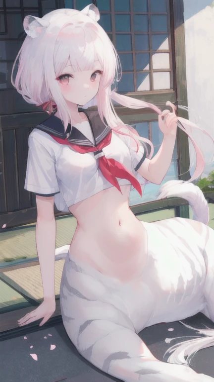 (best quality, masterpiece), 1 girl, centaur, I beg, White skin, Japanese girl, daughtk pink, exposing the abdomen, belly button t-shirt , beautiful girl perfect, White tiger photo, 완벽한 White tiger photo