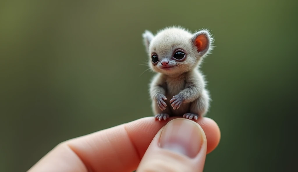photorrealistic, 8k, Micro Tiny baby [LOBO] perched on a human finger