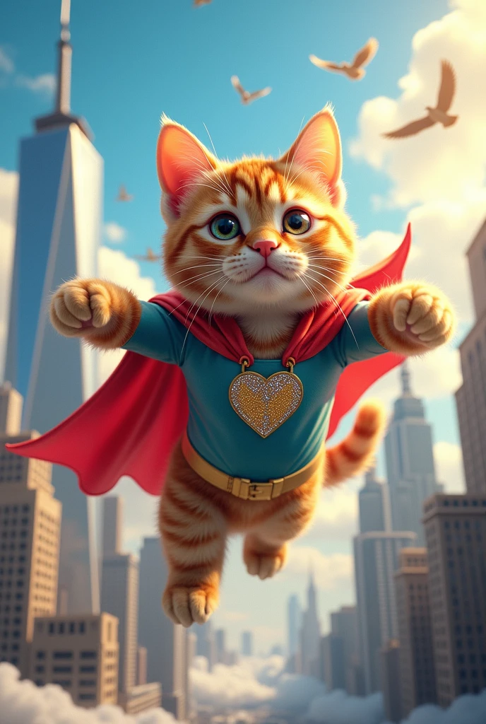 Super cat flies in the air and he has a super suit 