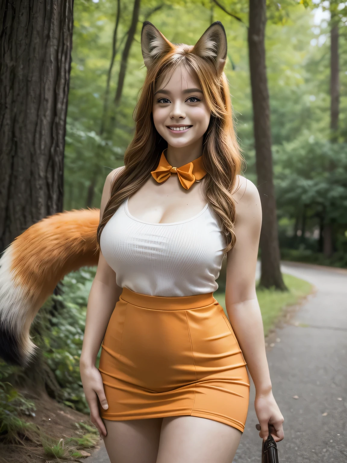 ((Highest quality, 8k)), ((masterpiece)), (Highest Resolution), Perfect Face, Fox Woman, Female college student, Beautiful woman, Outdoor, Only one tail, she has thick thighs, Her large tail, She has an orange fox tail, She wags her tail, Smiling with teeth showing, Fur collar, She is wearing a dress, Plump Breasts, Beautiful Hips , A fox tail sticks out from the skirt.