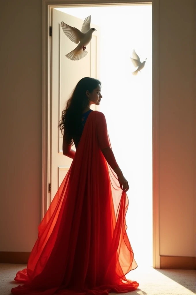 a realistic Long shot photograph of a kerala woman standing in front of a white door with two white doves flying above her head. The woman is wearing a deep red saree that covers her entire body, brown hair, sunlight is coming in from one side while the rest is in dim light, dramatic lighting and contrast shadows, The scene should have a play of light and dark, and a sense of depth, capturing the mood and realism --v 6.1 --ar 5:7