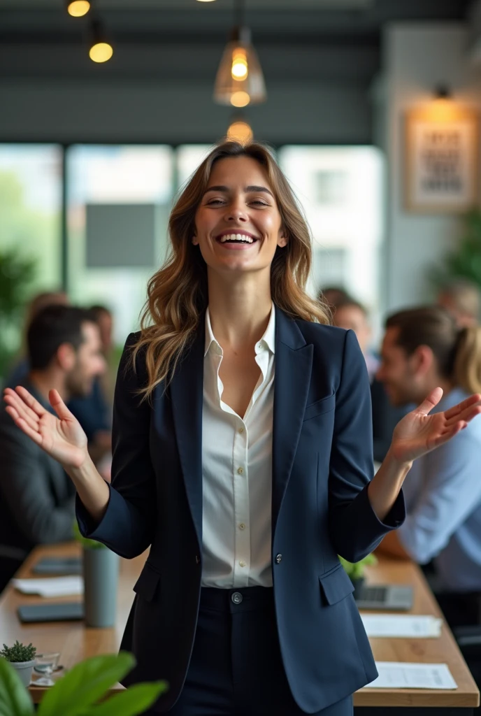 The scene closes on a high note, with the woman feeling valued and motivated.in office 