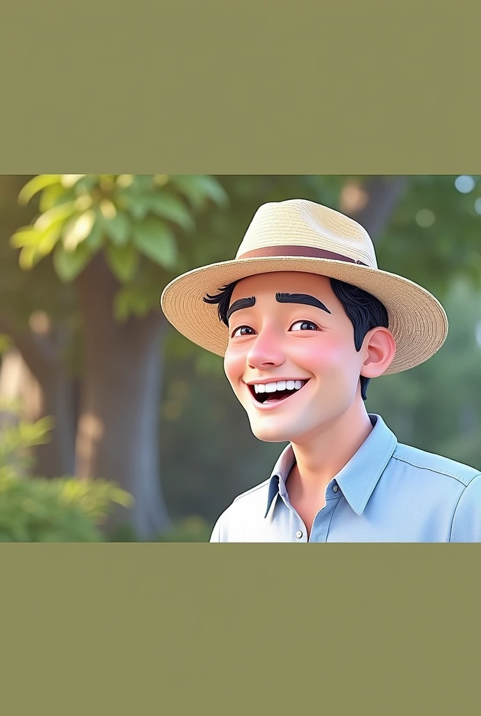 Cartoon character of a man blue shirt, 45 year old adult, an animated character, stylized character, animation style rendering, Stylized in 3D, A smiling man with short dark hair wearing a light blue button-down shirt and a wide-brimmed straw hat. He is turned slightly to the left against a softly blurred background of green foliage., suggesting a warm, sunny day. The focus is on his cheerful expression and the textured design of the hat..