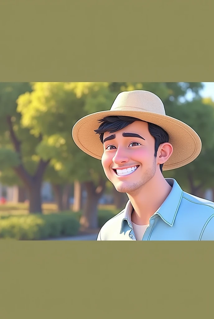 Cartoon character of a man blue shirt, 45 year old adult, an animated character, stylized character, animation style rendering, Stylized in 3D, A smiling man with short dark hair wearing a light blue button-down shirt and a wide-brimmed straw hat. He is turned slightly to the left against a softly blurred background of green foliage., suggesting a warm, sunny day. The focus is on his cheerful expression and the textured design of the hat..