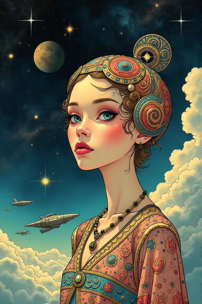((best quality)), ((masterpiece)), (detailed), ((perfect face)), surreal, art nouveau, in the illustrative style of moebius, spaceships, fantasy, sci-fi, graphic novel, line drawing, french retro, vintage, elegant, chic, sophisticated,