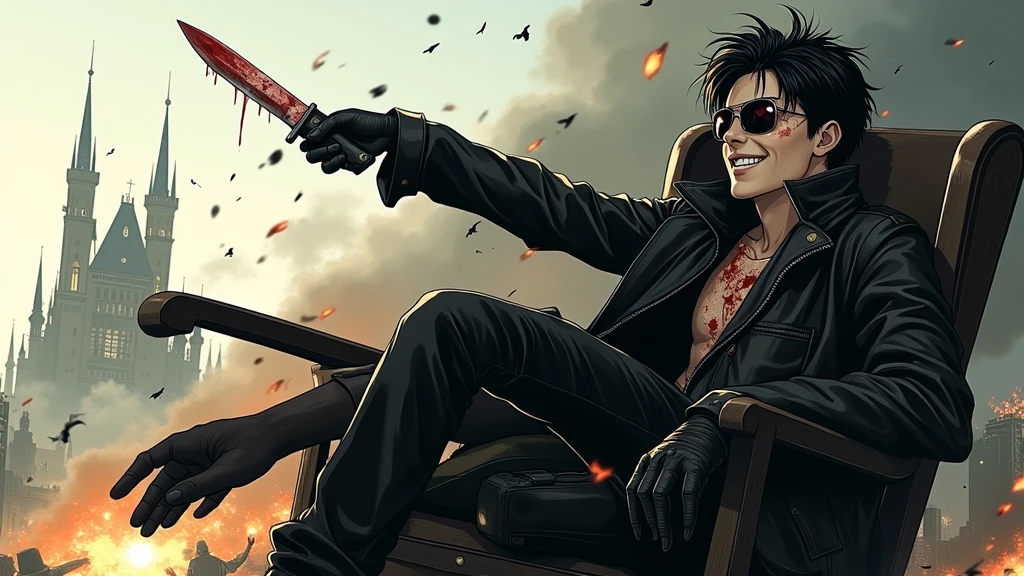 ((illustration)), (best quality)), ((masterpiece)), (detailed), teenager, 1male, black hair, jacket, black gloves, coat, sunglasses, leather, solo, anime, city, night, flat color, demons, snakes, monsters, chair, holding knife, glowing eyes, smoke, bloody, blood on clothes, blood on face, crazy smile, war, chaos, cinematic, epic, comic, fire, explosion, castle