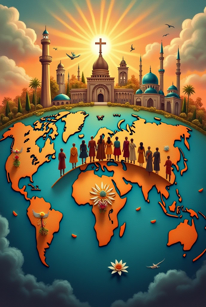 Make a poster showing religion in the globalized world make it look like it was not made by ai