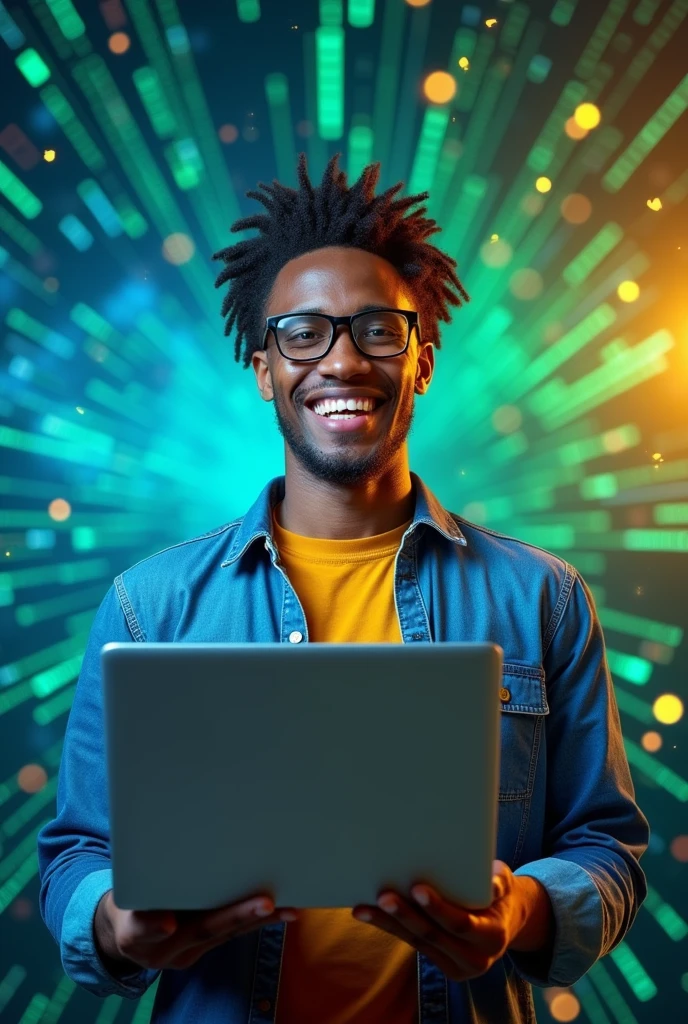 A dynamic promotional image for a Python programming course introduction. The image should be vibrant, featuring a young professional holding a laptop, with abstract coding elements and the Python logo subtly integrated into the background. The overall vibe should be modern, motivating, and tech-savvy, using bright and energetic colors.