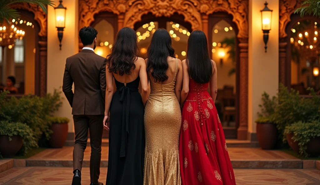 Three girls are standing in front of an Indian luxury restaurant, all three are very beautiful, one's name is Shreya, she is wearing a dolden frock and the other two are also beautiful, one of them is wearing a black dress and the other one is wearing a red dress, all three are 24 years old. In front of those three, there is a young businessman of 24 years of age who is wearing a brown 3 piece, and is passing in front of those three girls without looking at them with attitude. 