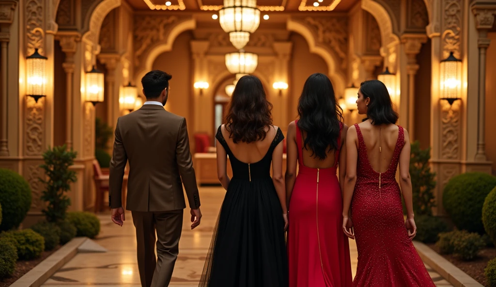 Three girls are standing in front of an Indian luxury restaurant, all three are very beautiful, one's name is Shreya, she is wearing a dolden frock and the other two are also beautiful, one of them is wearing a black dress and the other one is wearing a red dress, all three are 24 years old. In front of those three, there is a young businessman of 24 years of age who is wearing a brown 3 piece, and is passing in front of those three girls without looking at them with attitude. 