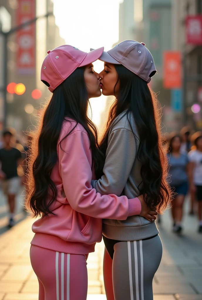 Two girls long black hairs, yuri, (The first girl wear a pink adidas pants, pink adidas cap), (The second girl wear a grey adidas pants, grey adidas cap), black underpants, white socks, white sneakers, french kiss, lesbian kiss, hugging, sensual body,4K, HD