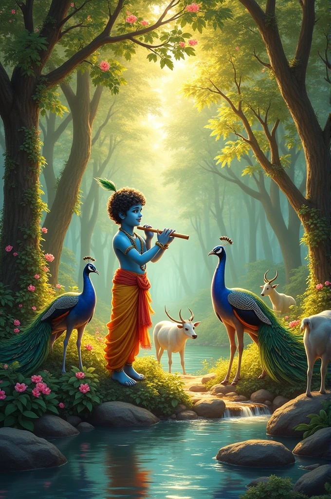 Create a luxurious and enchanting scene of young Lord Krishna as a child with a radiant blue complexion, standing in a lush, vibrant, and opulent forest. He is playing his flute with a joyful, innocent expression. Surround him with a variety of animals and birds, including graceful peacocks with their feathers fanned out, gentle cows, deer, and other creatures, all captivated by the music. The forest is filled with tall, majestic trees, blooming flowers in rich colors, and a sparkling, clear river. Sunlight filters through the leaves, casting a warm, golden glow over the scene. Every element should contribute to a sense of divine luxury, peace, and positivity, highlighting the deep connection between Krishna and the natural world."