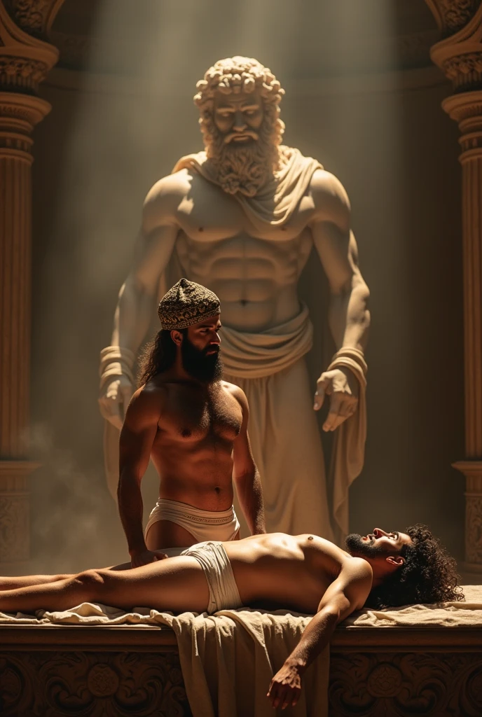 man strong, bearded, hairy and virile in underwear with an Islamic cap on his head shaving the body hair of a young man in underwear on the altar before the strong image of Zeus.