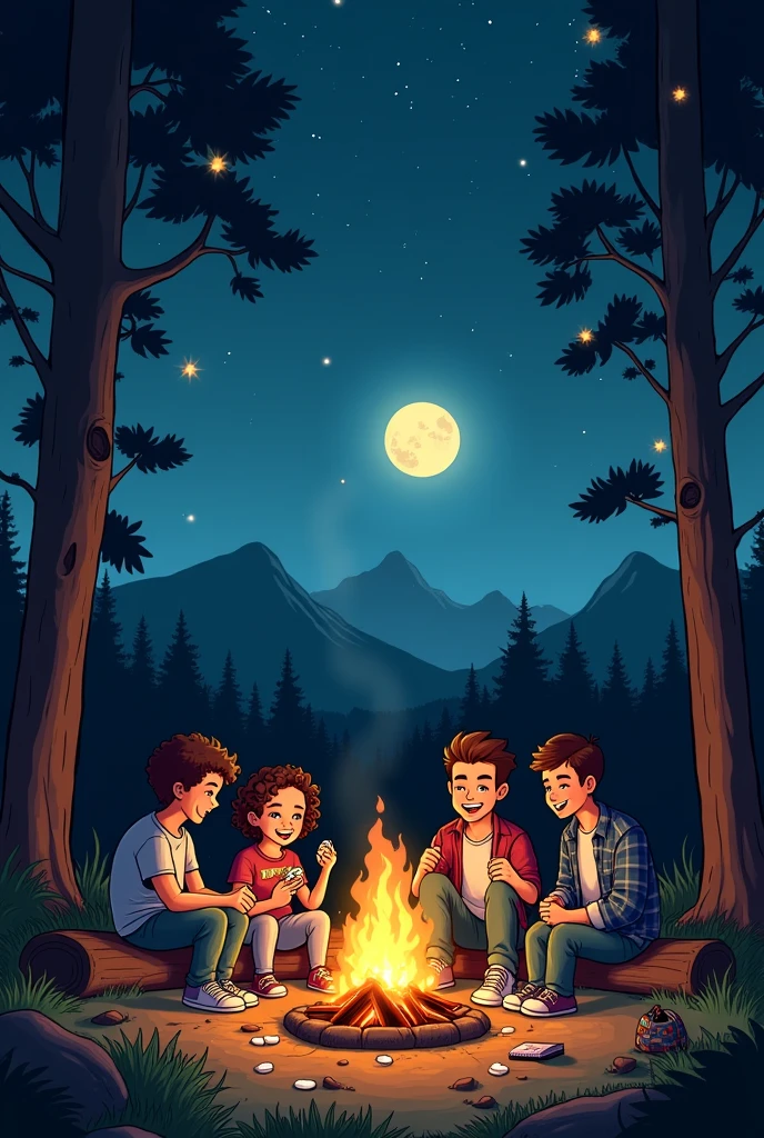 Give me a comic that a four person camping and talking in the middle of the bonfire and landscape and not portrait