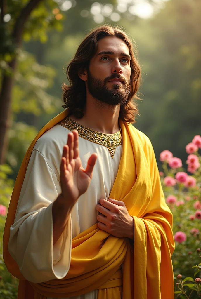 Perfect hand 5 finger, Portrait of a handsome Jesus Christ  wearing the elegant gold clothes of the king in the flower garden, handsome Jesus Christ, real blue eyes, sunny day, intricate details.real handsome Jesus Christ, straight head face, focus the camera on his face, Straight body.Prayer handsome Jesus Christ, perfect full body,  perfect give finger,Prayer handsome Jesus Christ, flowers and beautiful trees in the backgrounds natural photographic