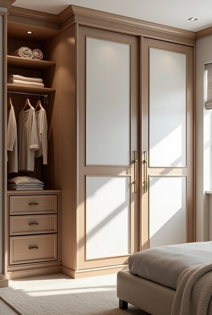 Create a wardrobe door design with oak wood and white combination