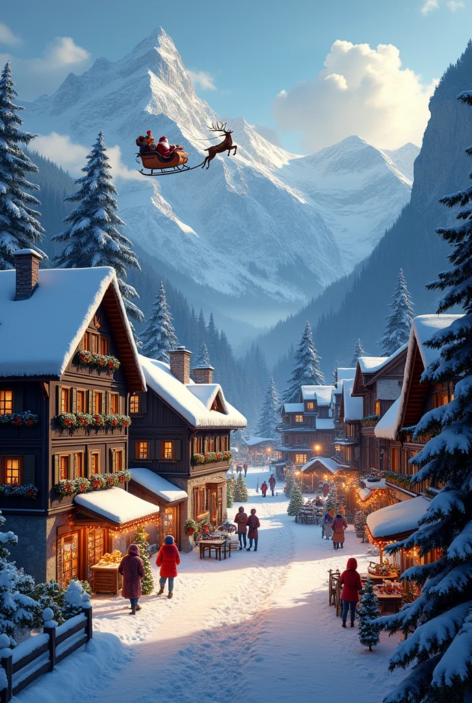 Create an alpine village inspired by the Swiss Alps during the holiday season. The houses are designed in traditional Swiss architecture., with sloping roofs covered in snow, Dark wood walls and decorative details in red and green. The windows are illuminated by warm Christmas lights, and some display wreaths and candles evoking the festive spirit.
The town is surrounded by imposing mountains, whose snow-capped peaks rise majestically under a clear winter sky. The surrounding trees are covered in snow, and some Christmas lights shine between the branches. At the town's center, There is a square decorated with a large Christmas tree decorated with golden lights and shining stars..
The paths that run through the village are covered in snow, but well defined, with traces showing the transit of the villagers. Some people, wrapped up in scarves and woollen hats, They walk happily or stop at small wooden stalls selling Christmas sweets., Hot chocolate and handmade gifts.
In the background, A frozen river reflects the lights of the village and adds a magical touch to the atmosphere. The scene is filled with a welcoming and festive atmosphere., where you can breathe the spirit of Christmas in an idyllic and serene Swiss winter landscape. IN THE PICTURE APPEARS Santa Claus and his reindeer 