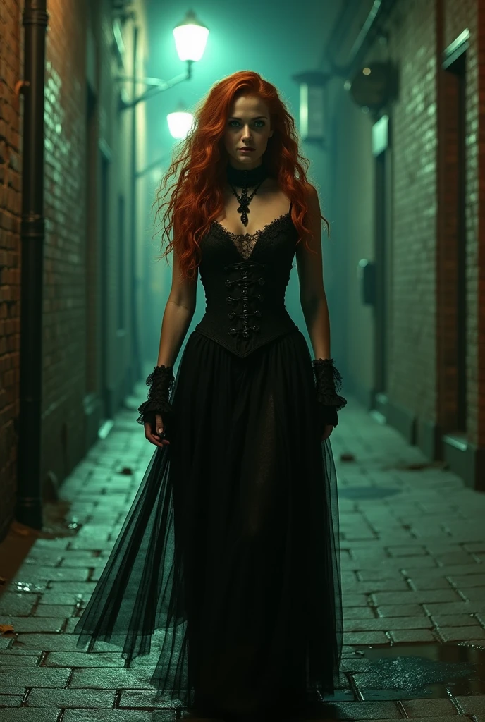 "A realistic scene of a mysterious woman in her early 30s walking at night in a dimly lit alleyway in New York City. She has long, curly, red hair and green eyes, wearing a gothic outfit with dark and intricate details. The atmosphere is dark and eerie, with shadows cast by flickering streetlights. The scene is captured in a dramatic low-angle perspective, emphasizing her imposing presence. The environment has a hyperrealistic style, with deep contrasts between light and shadow, and highly detailed textures in both the character and the surrounding urban scenery. The image is rendered in 8K resolution for maximum detail and clarity, with atmospheric lighting and fog effects adding to the gothic and mysterious mood."