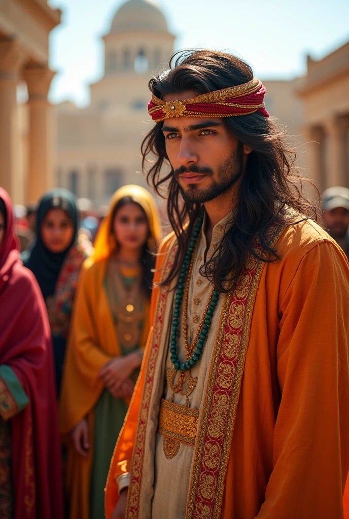 A few Egyptian women with Pakistani  dress with scarf  on head are looking at a handsome man  young with Egyptian dress   with surprised eyes because she is very impressed by his beauty .This handsome young man has his eyes down.young man have a beautiful long hair with green eyes .
