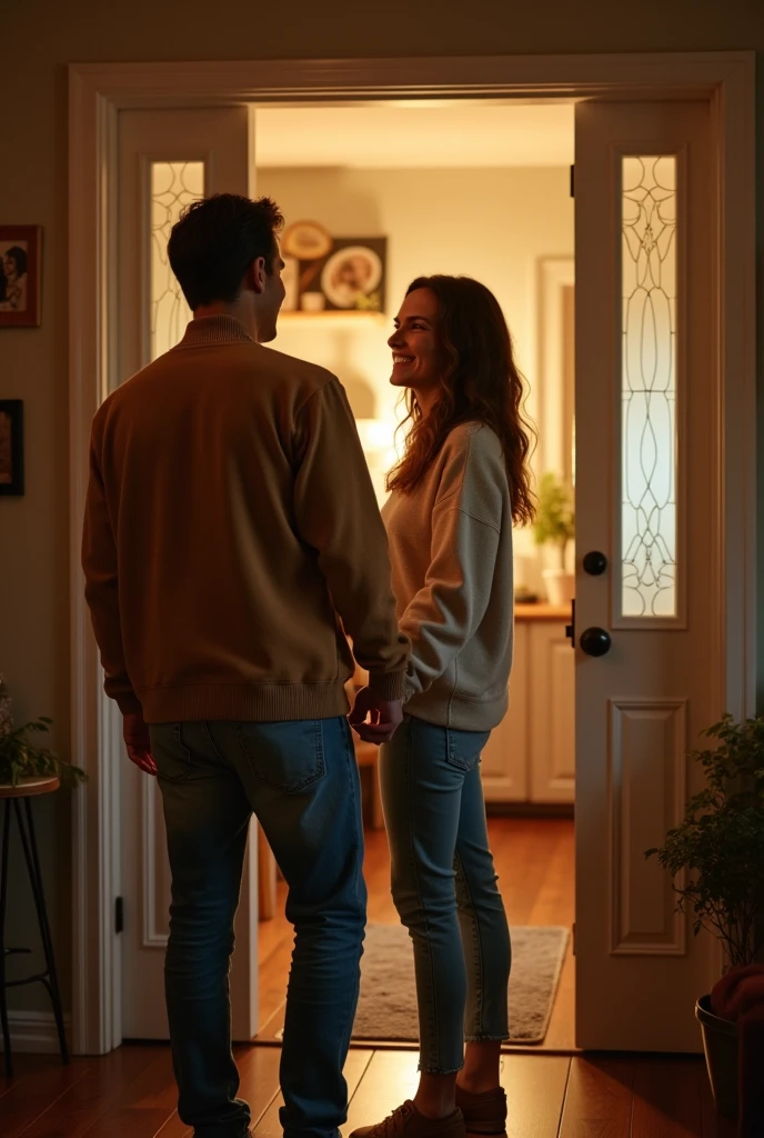 A wife opens the door for her husband who he came after work