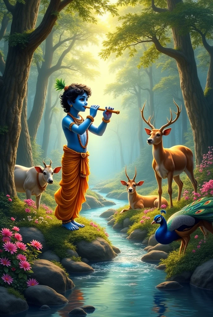 Create a luxurious and enchanting scene of young Lord Krishna as a child with a radiant blue complexion, standing in a lush, vibrant, and opulent forest. He is playing his flute with a joyful, innocent expression. Surround him with a variety of animals and birds, including graceful peacocks with their feathers fanned out, gentle cows, deer, and other creatures, all captivated by the music. The forest is filled with tall, majestic trees, blooming flowers in rich colors, and a sparkling, clear river. Sunlight filters through the leaves, casting a warm, golden glow over the scene. Every element should contribute to a sense of divine luxury, peace, and positivity, highlighting the deep connection between Krishna and the natural world."