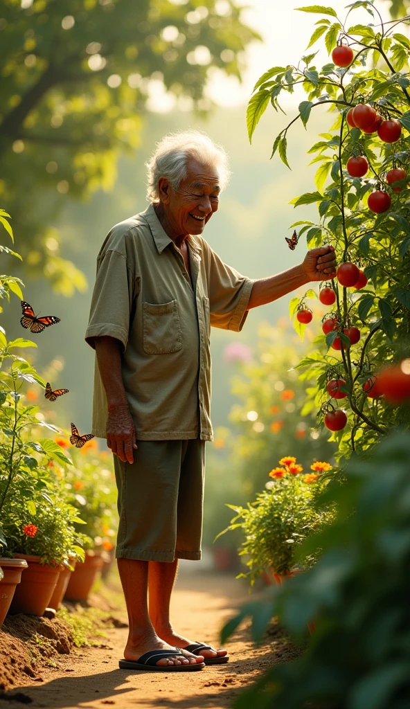 Uncle Tu is an old man, skinny with gray hair, usually wear old shirts and flip flops. His face is gentle and always smiling., Show optimism and creativity in everything.
Mr. Tu discovered a strange string.: One morning, when going out to the garden to check the tomato plants, Mr. Tu discovered an unusually long tomato vine., wrapped around the garden.