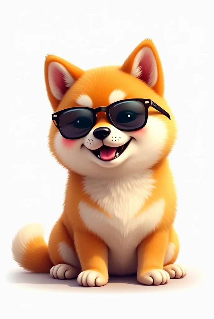 A realistic Shiba inu wearing sunglasses and smiling against a white background